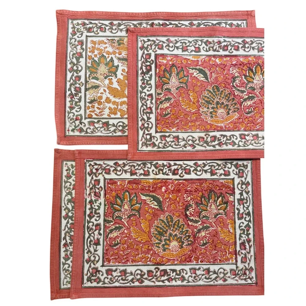 Hand‎ Block Print Floral Cotton Placemats & Napkins Set 9pc Terracotta Boho